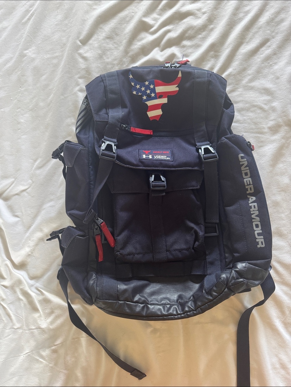 Under Armour Project Rock Navy Blue Backpack with USA Bull Logo